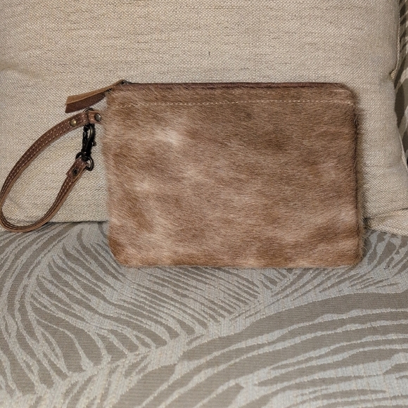 Myra Bag Handbags - Myra Tan and Cream Cow Hair Wristlet Trimmed In Leather